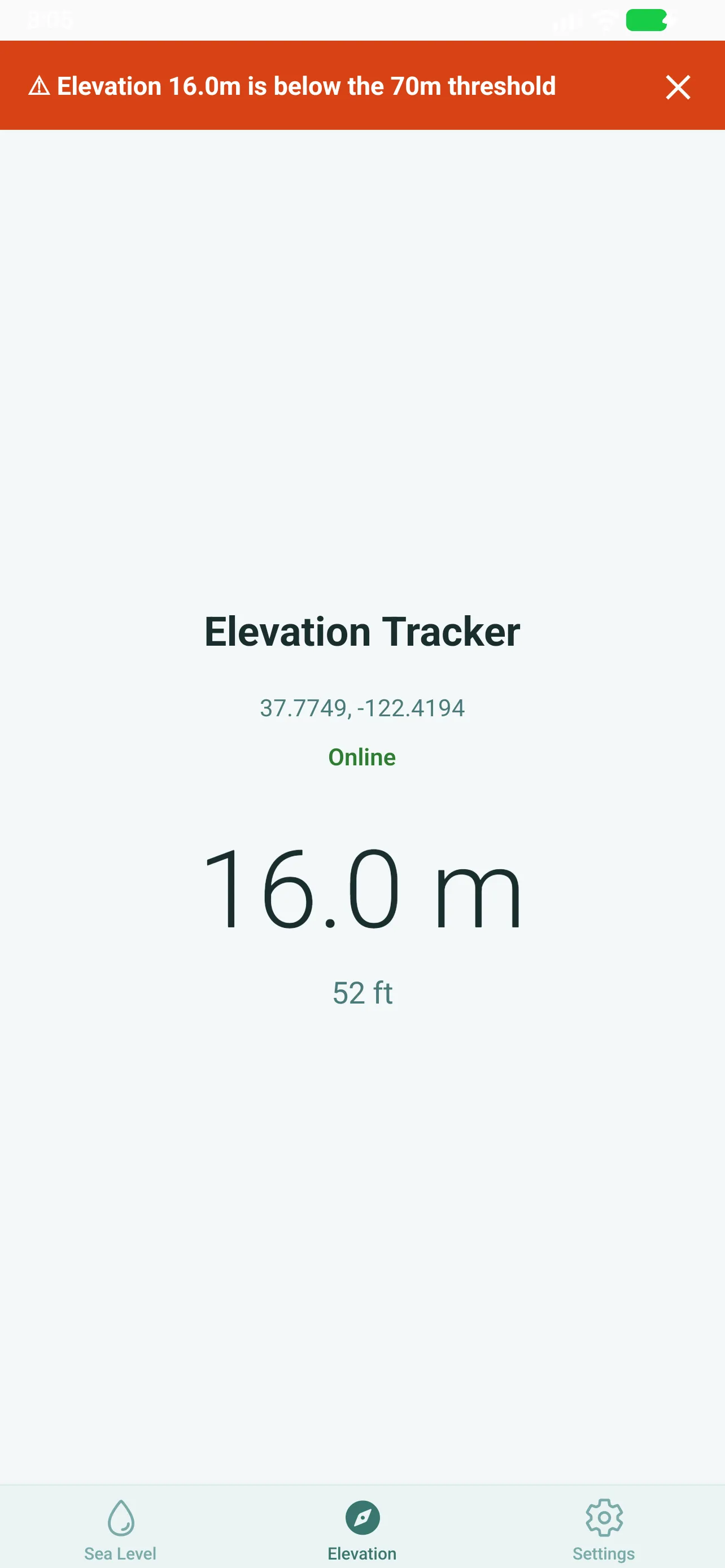 The Elevation tab of Sea Level: the current elevation in meters and feet, with the data source named.